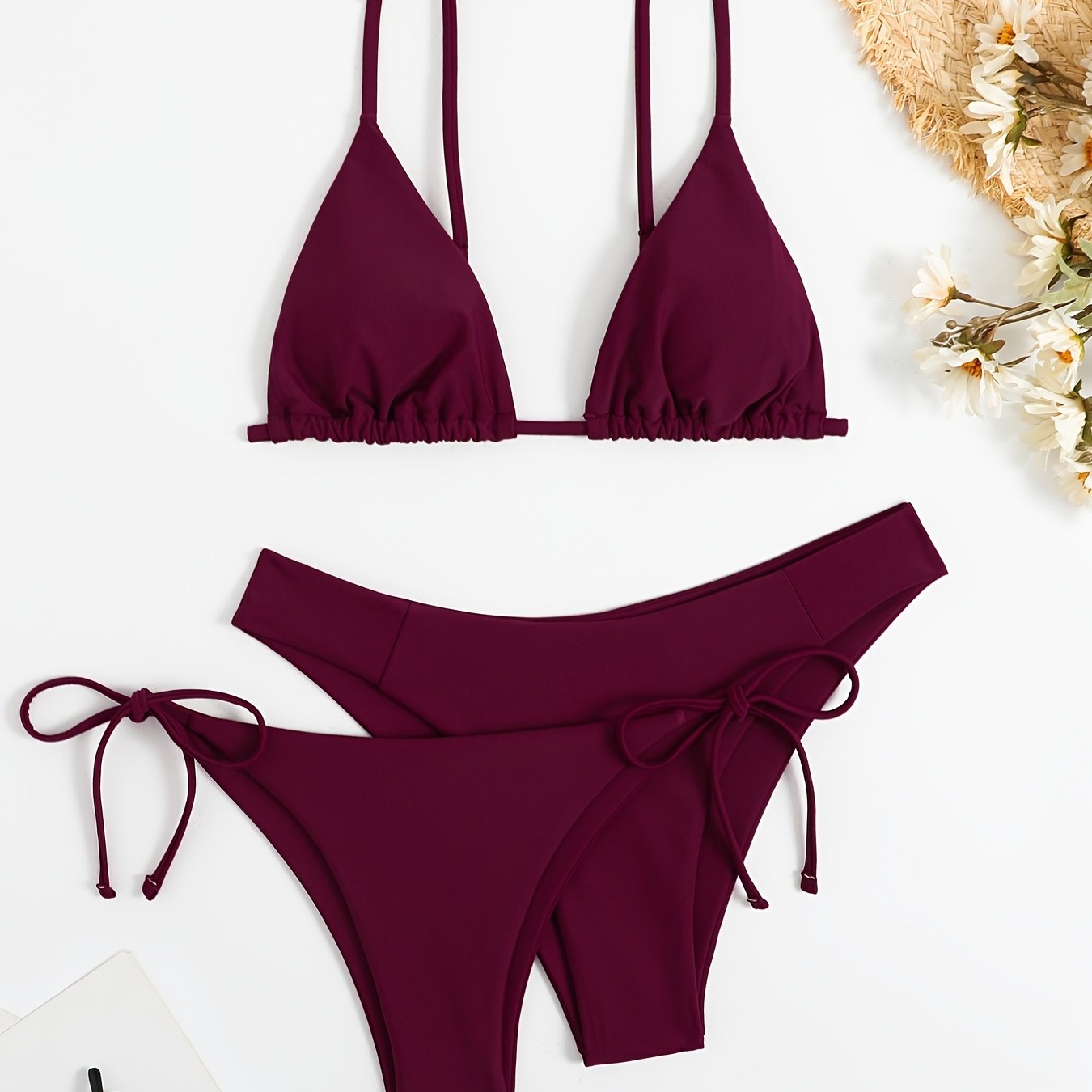 3-Pieces Two Style Bottom Triangle Bikini Sets, High Cut Solid Color Two Piece Swimsuit, Women's Swimwear