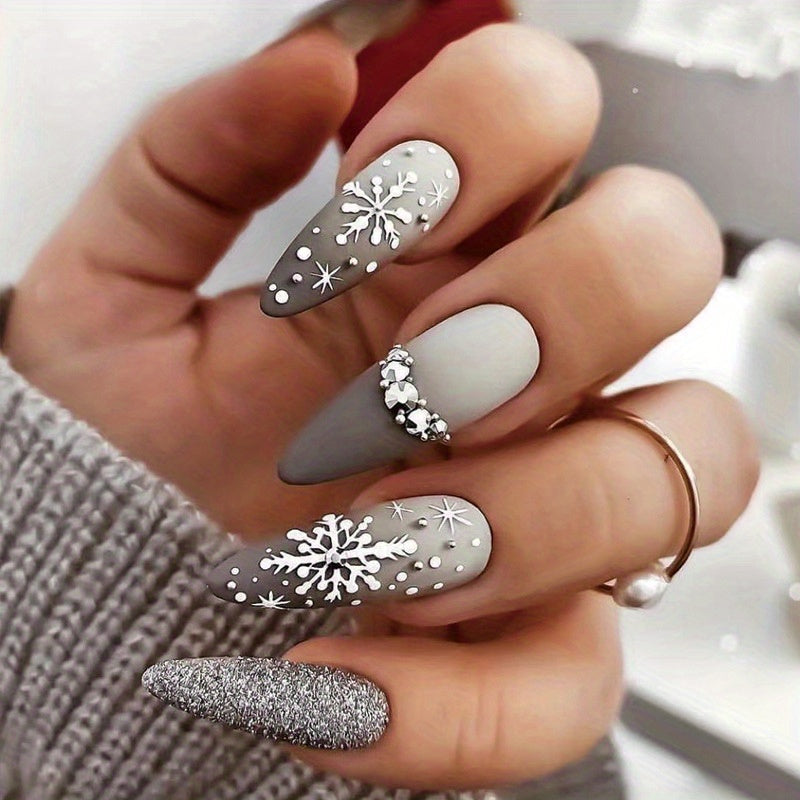 4-Pack of 96pcs Medium Almond Shape Glossy White Press-On Nails Set with Christmas Snowflake