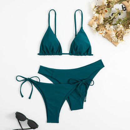 3-Pieces Two Style Bottom Triangle Bikini Sets, High Cut Solid Color Two Piece Swimsuit, Women's Swimwear