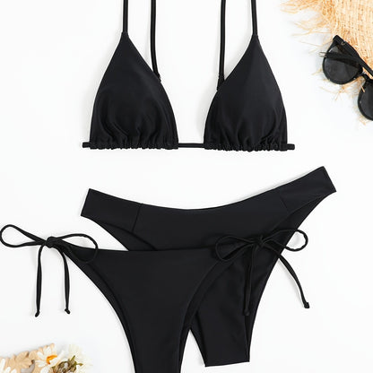 3-Pieces Two Style Bottom Triangle Bikini Sets, High Cut Solid Color Two Piece Swimsuit, Women's Swimwear
