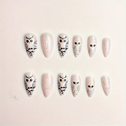 24-Piece Middle Length Glossy Finish Cute Snowflake Owl Design Almond Shaped Press-On Nails Set