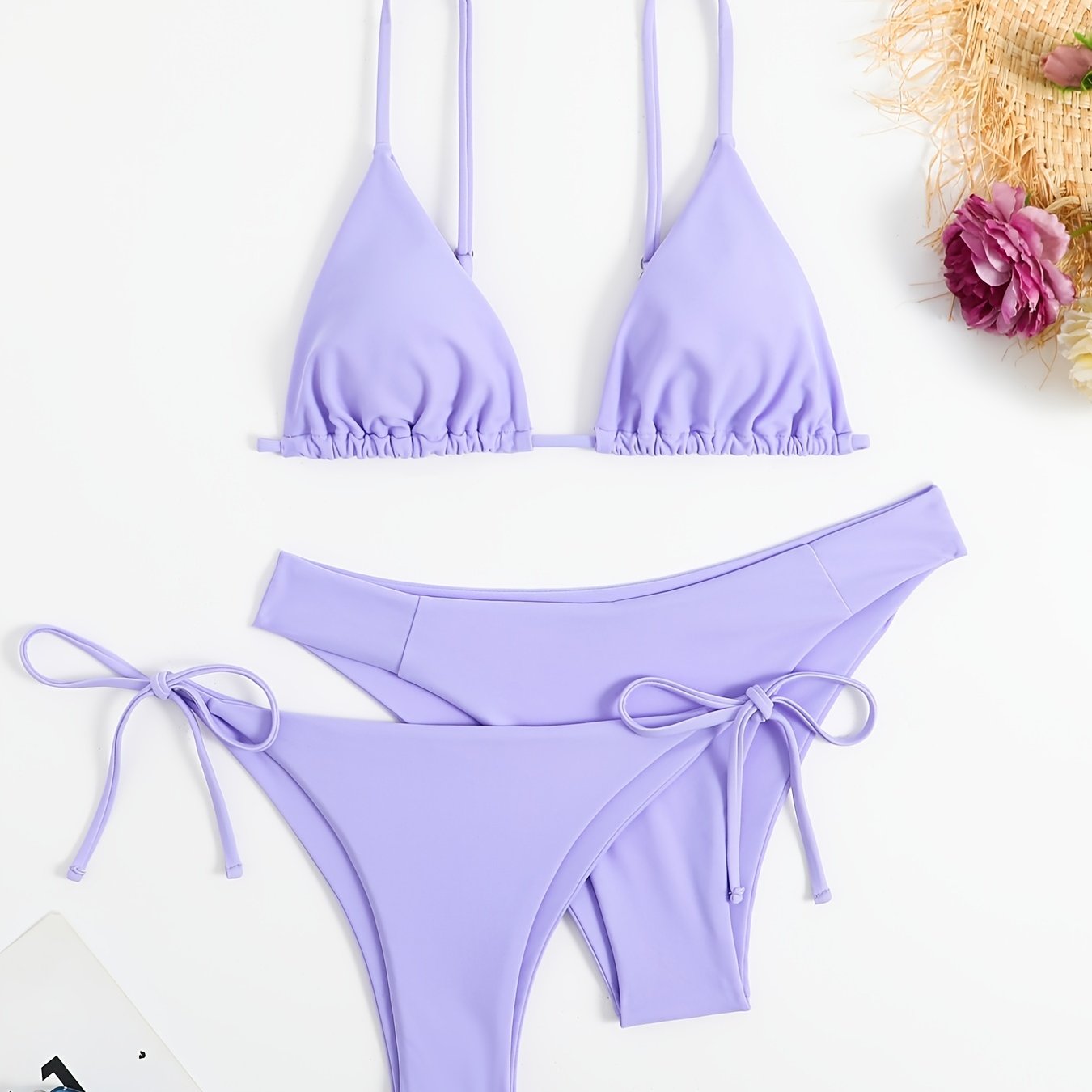3-Pieces Two Style Bottom Triangle Bikini Sets, High Cut Solid Color Two Piece Swimsuit, Women's Swimwear