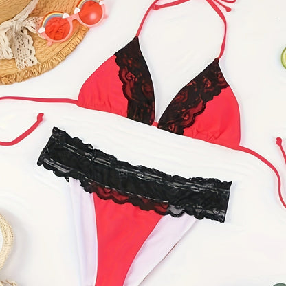 Two Piece Drawstring Tie Back High Cut Halter Neck Bikini Sets, Lace Trim Contrast Color Women's Swimwear