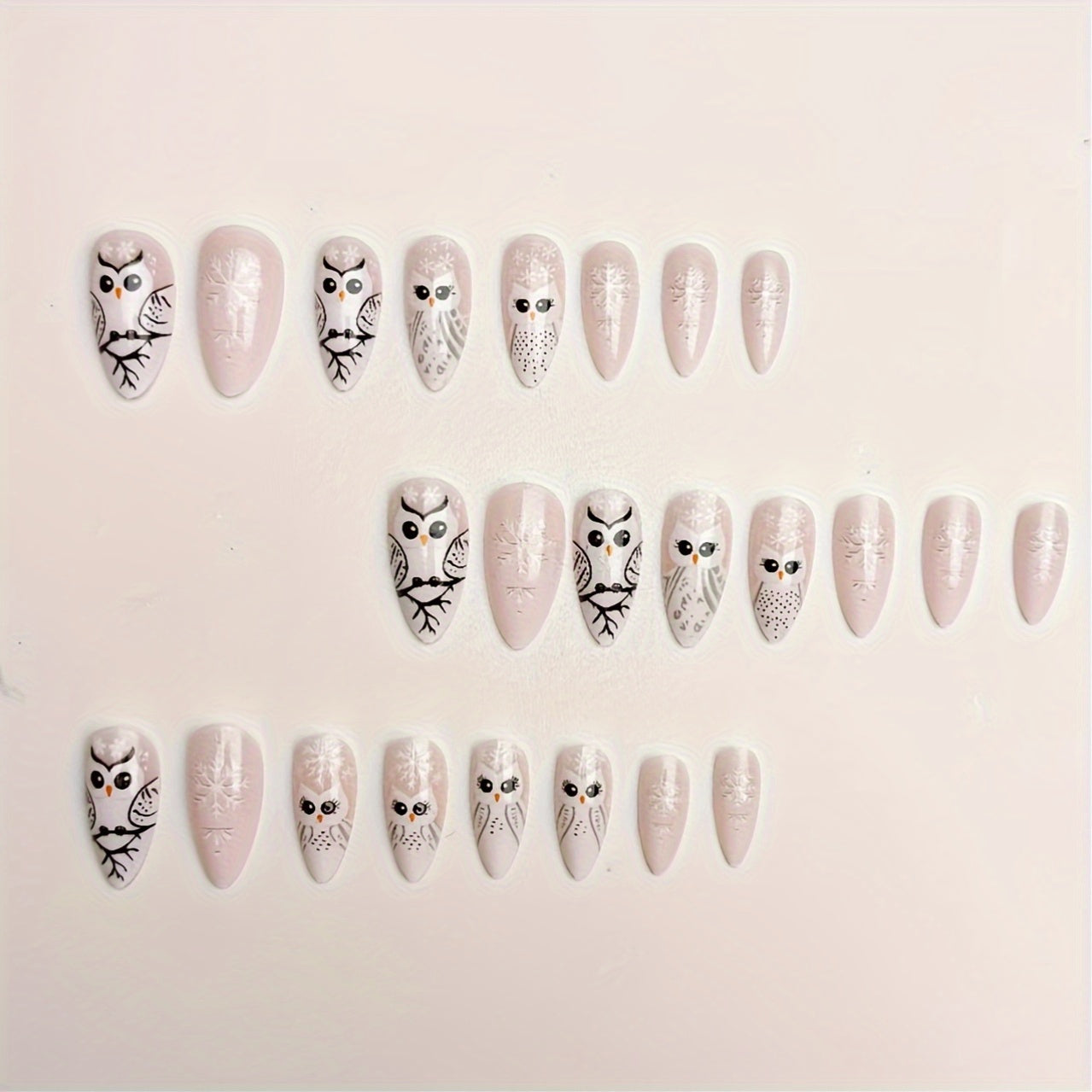 24-Piece Middle Length Glossy Finish Cute Snowflake Owl Design Almond Shaped Press-On Nails Set