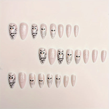 24-Piece Middle Length Glossy Finish Cute Snowflake Owl Design Almond Shaped Press-On Nails Set