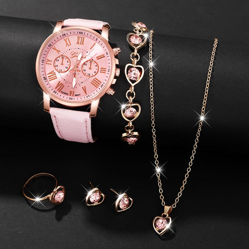 Elegant 6pcs Women's Fashion Quartz Watch Set with Heart Pendant