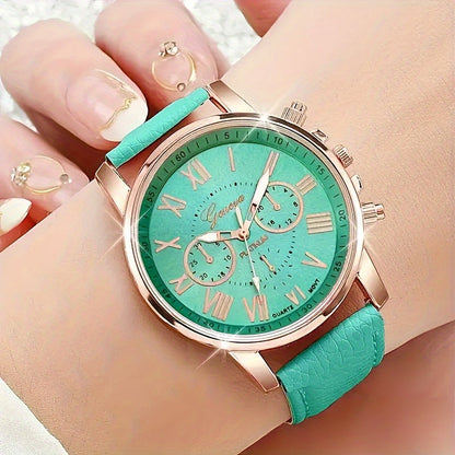 Elegant Boho Chic 4pcs Women's Quartz Watch Set with Faux Leather Straps