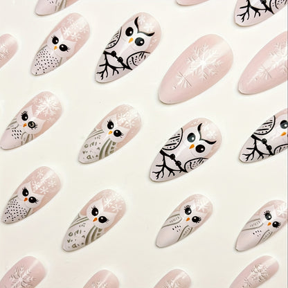 24-Piece Middle Length Glossy Finish Cute Snowflake Owl Design Almond Shaped Press-On Nails Set
